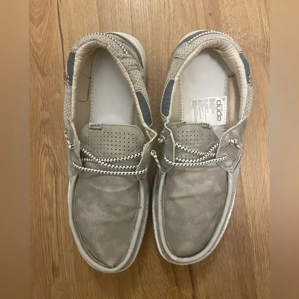 HEYDUDE Men's Slip on Grey Welsh Grip Mix Oyster Shoes Size 14 Comfort No insole